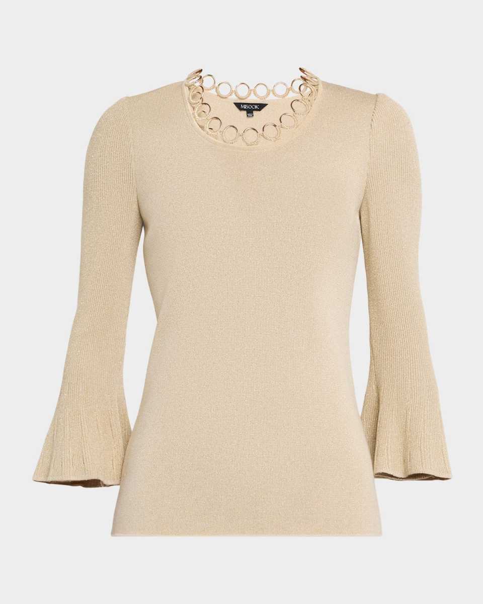 Lurex Crochet Grommet Knit Bell-Sleeve Top